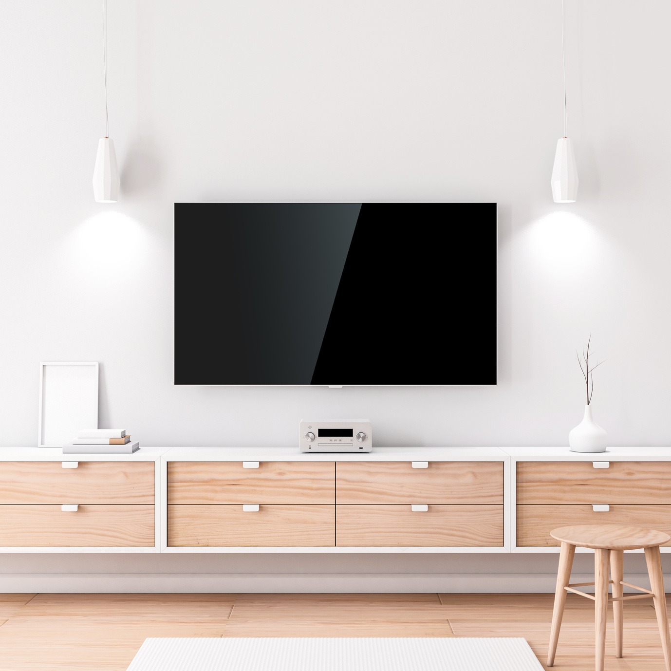 Smart Tv Mockup with black screen hanging on the white wall in modern living room. 3d rendering
